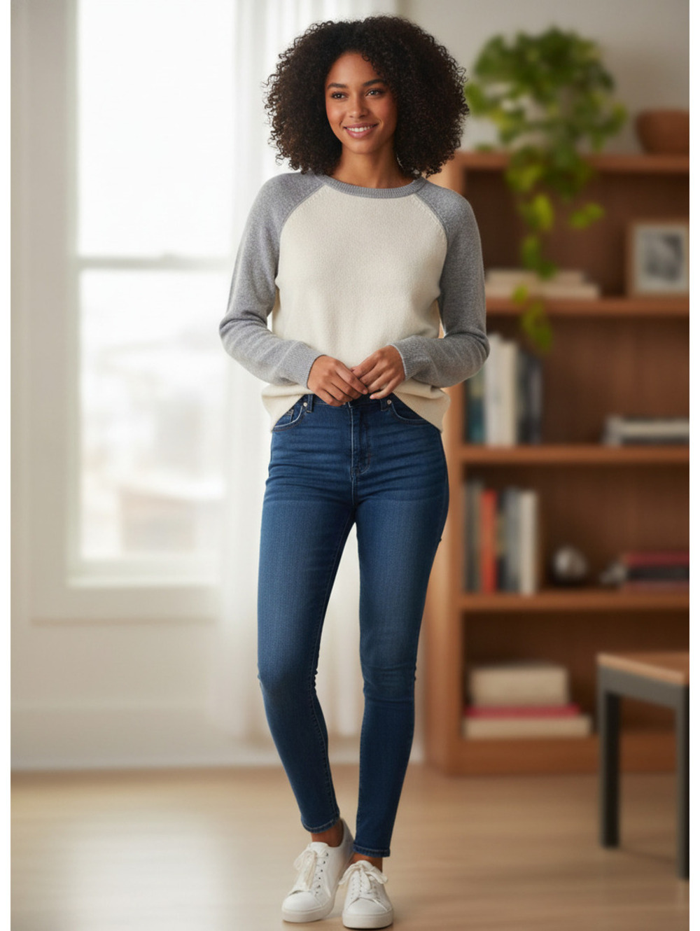 Aqua Cashmere Two-Tone Raglan Sleeve Sweater in Light Ivory/